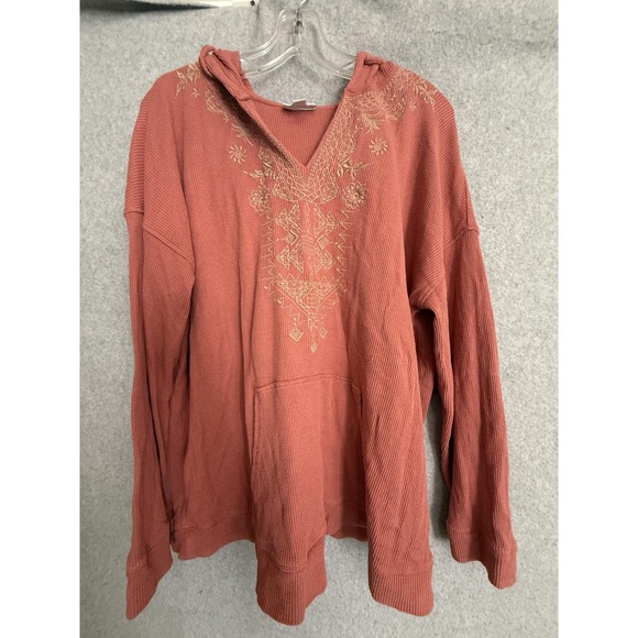J. Jill Sweaters - J.Jill  Hoodie Sweater Womens Large Coral Embroidered Waffle Knit Pullover Boho